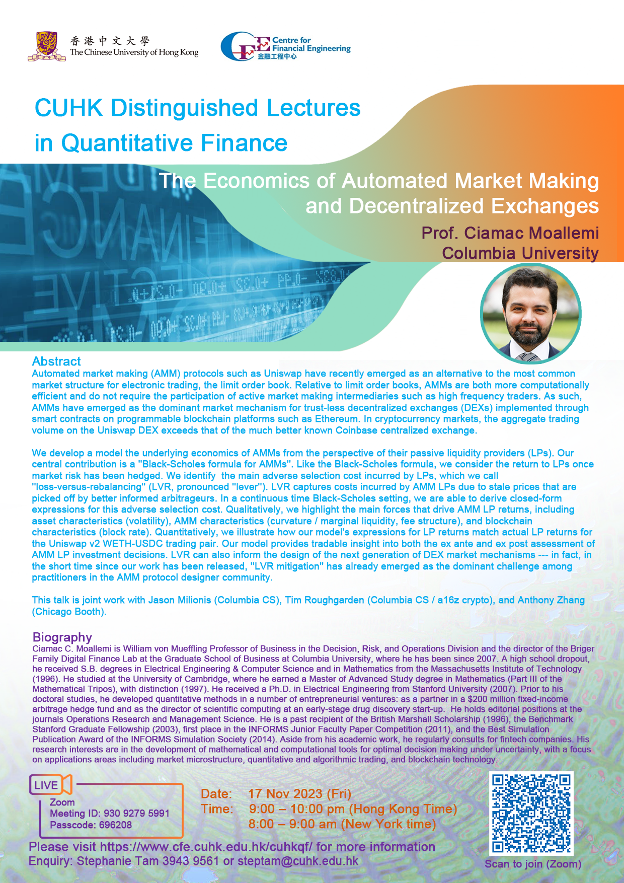 CUHK DISTINGUISHED LECTURES IN QUANTITATIVE FINANCE ON 17 NOV 2023