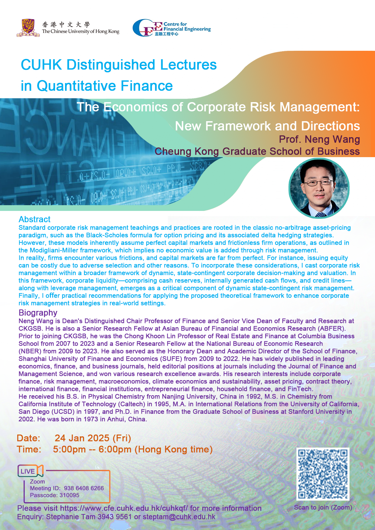 CUHK DISTINGUISHED LECTURES IN QUANTITATIVE FINANCE ON 24 JAN 2025