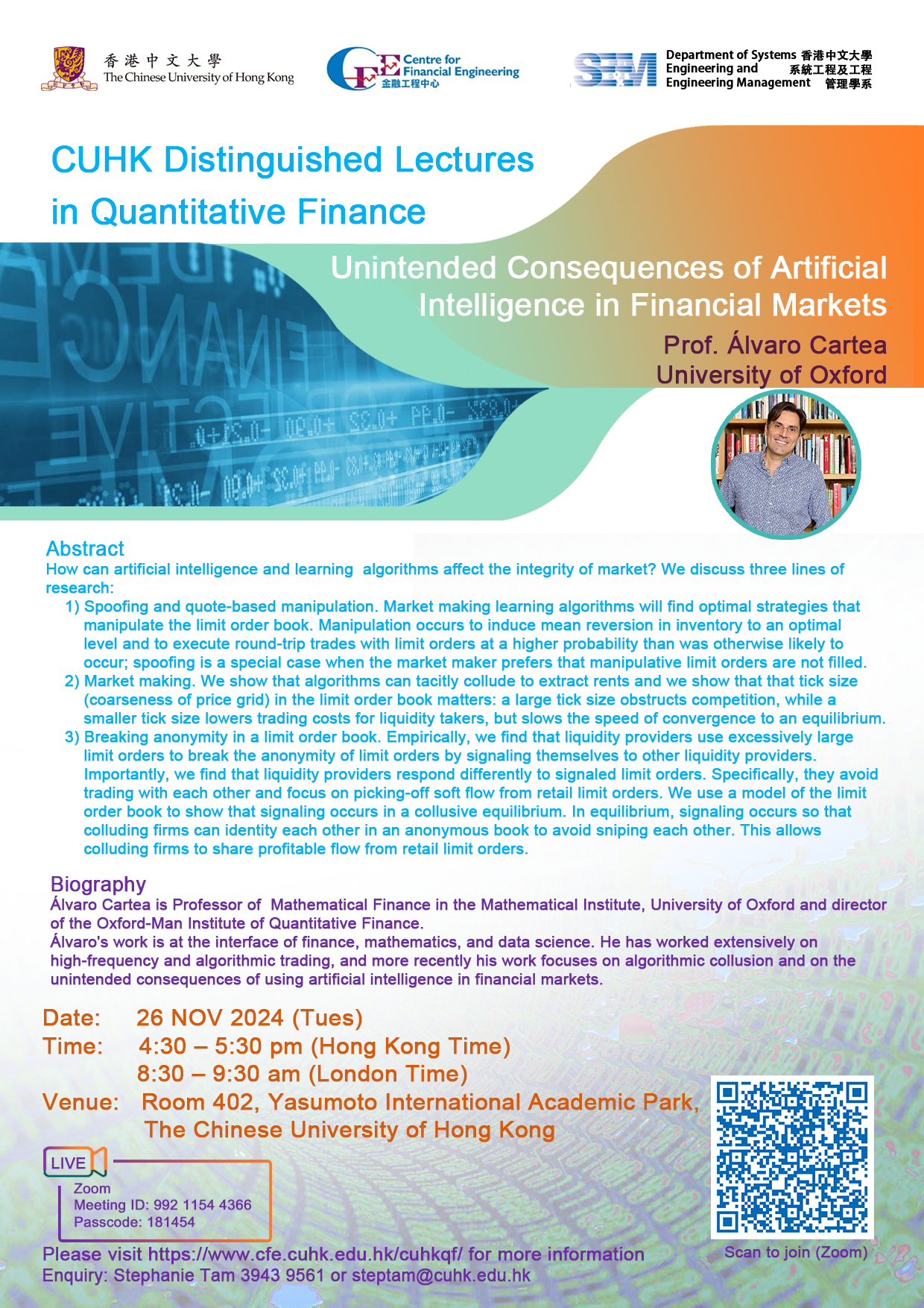 CUHK DISTINGUISHED LECTURES IN QUANTITATIVE FINANCE ON NOV 26 2024